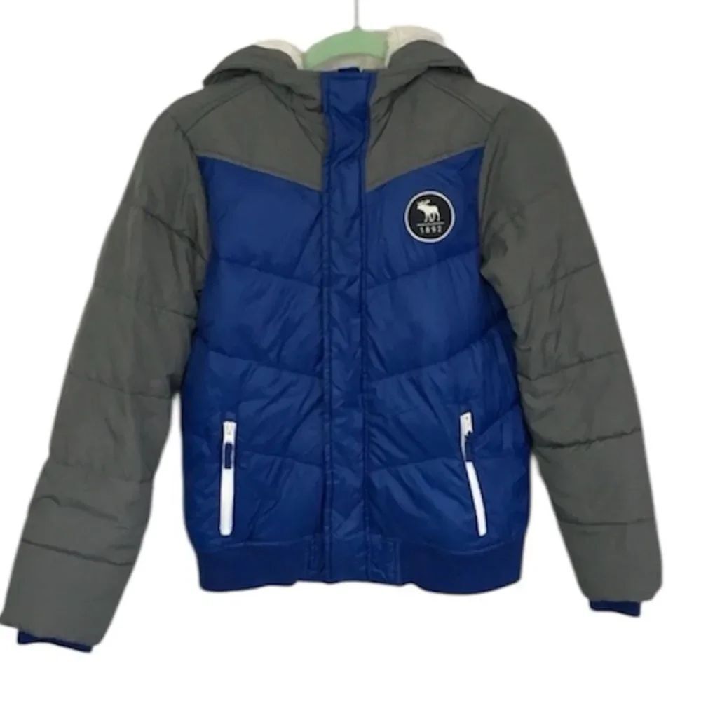 Abercrombie Kids Boys Blue Gray Fleece Lined Hooded Puffer Coat Jacket 11/12